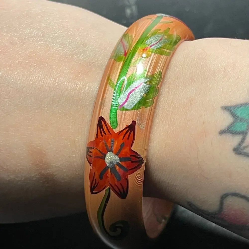 Hand Painted Wood Bangle Bracelet Floral Flowers Lacquered Folk Art 8.5